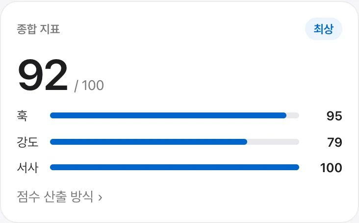 종합 지표 카드 — 100점 만점 점수와 훅·강도·서사 막대